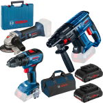 BOSCH GBH 180-LI Ciocan rotopercutor cu 2 acumulatori Li-Ion 4Ah ProCore, 1.7J + Valiza + GSR 18V-50 Masina de gaurit si insurubat brushless, Li-Ion, 50Nm + GWS 18-125 V-LI Polizor unghiular Li-Ion + Geanta textil