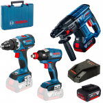 BOSCH KIT 3 scule 18 V (GBH 180-LI/GSR 18 V-EC/GDX 18 V-EC) cu 2 acumulatori Li-Ion, 4 Ah