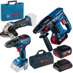 BOSCH GBH 180-LI Ciocan rotopercutor cu 3 acumulatori Li-Ion 4Ah, 1.7J + Valiza + GSR 18V-50 + GWS 18-125 V-LI Masina de gaurit si insurubat brushless, Li-Ion, 50Nm + Polizor unghiular Li-Ion + Geanta textil