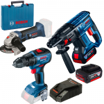 BOSCH GBH 180-LI Ciocan rotopercutor cu 2 acumulatori Li-Ion 4Ah, 1.7J + GSR 18V-50 + GWS 18-125 V-LI Masina de gaurit si insurubat brushless, Li-Ion, 50Nm + Polizor unghiular Li-Ion