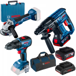 BOSCH GBH 180-LI Ciocan rotopercutor cu 3 acumulatori Li-Ion 4Ah, 1.7J + Valiza + GSR 18V-50 + GWS 18V-10 Masina de gaurit si insurubat brushless, Li-Ion, 50Nm + Polizor unghiular brushless, Li-Ion, diametru disc 125 + Geanta textil