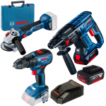 BOSCH GBH 180-LI Ciocan rotopercutor cu 2 acumulatori Li-Ion 4Ah, 1.7J + GSR 18V-50 + GWS 18V-10 Masina de gaurit si insurubat brushless, Li-Ion, 50Nm + Polizor unghiular brushless, Li-Ion, diametru disc 125