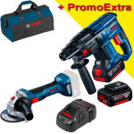 BOSCH GBH 180-LI Ciocan rotopercutor brushless, cu 2 acumulatori Li-Ion 5Ah, 2J + GWS 180-LI Polizor unghiular brushless, Li-Ion, diametru disc 125 + Geanta textil