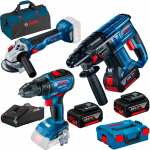 BOSCH GBH 180-LI Ciocan rotopercutor brushless Li-Ion, 2J + GSR 18V-50 + GWS 18V-10 Masina de gaurit si insurubat brushless, Li-Ion, 50Nm + Polizor unghiular brushless, Li-Ion, diametru disc 125 + Set 3 acumulatori Li-Ion, 18V, 5Ah + Incarcator + L-BOXX 136 + Geanta textil