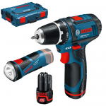 BOSCH GSR 10.8-2-LI + GLI PocketLED Masina de gaurit si insurubat cu 2 acumulatori Li-Ion, 2Ah, 30Nm + Lanterna + L-BOXX