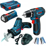 BOSCH Kit 3 scule 10.8V (GSR/GLI/GSA) cu 2 acumulatori Li-Ion, 2Ah + L-BOXX