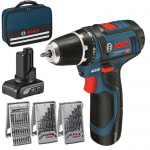 BOSCH GSR 12V-15 Masina de gaurit si insurubat cu 2 acumulatori Li-Ion, unul de 2Ah si unul de 4Ah, 30Nm + 3 seturi de accesorii profesionale + Geanta textil