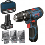 BOSCH GSB 12V-15 Masina de gaurit cu percutie cu 2 acumulatori Li-Ion, unu de 2Ah si unu de 4Ah, 30Nm + 3 seturi de accesorii profesionale + Geanta textil