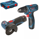 BOSCH Kit 2 scule 12 V GSR 120-LI Masina de gaurit si insurubat + GWS 12V-76 Polizor unghiular cu 2 acumulatori Li-Ion, 2Ah + L-BOXX