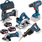 BOSCH Kit 5 scule 18V (GSR 18V-28/GST 18V-LI S/GSA 18V-LI/GKS 18V-LI/GWS 18V-LI) cu 3 acumulatori Li-Ion, 4Ah + Geanta textil mediu