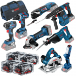 BOSCH KIT 8 scule 18V (GOP 18V-28/GWS 18-125 V-LI/GBH 18V-26/GKS 18 V-LI/GSA 18 V-LI/GSR 18V-60 C/GDR 18V-200 C/GLI 18V-300) cu 4 acumulatori Li-Ion, 5Ah + Geanta textil mediu