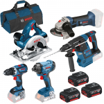 BOSCH Kit 5 scule 18V (GSR 18V-60 C/GWS 18V-LI/GBH 18V-26/GKS 18 V-LI/GDR 18V-160) cu 3 acumulatori Li-Ion, 5Ah + Geanta textil mediu