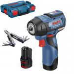 BOSCH GDS 12V-115 Surubelnita cu impact brushless, cu 2 acumulatori Li-Ion, 2.5Ah, 115Nm + Swiss Peak multitool + L-BOXX