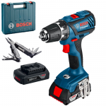 BOSCH GSR 18-2-LI PLUS Masina de gaurit si insurubat cu 2 acumulatori Li-Ion, 2Ah, 63Nm + Swiss Peak multitool + Valiza