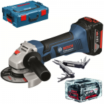 BOSCH GWS 18-125 V-LI Polizor unghiular cu 2 acumulatori Li-Ion, 4Ah + Swiss Peak multitool + L-BOXX