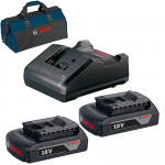 BOSCH GBA18V + GAL18V-20 Set 2 acumulatori Li-Ion, 18V, 2Ah + Incarcator de 2Ah + Geanta textil mediu