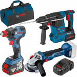 BOSCH KIT 3 scule 18V (GBH 18V-26/GDX 18V-200 C/GWS 18V-10) cu 2 acumulatori Li-Ion, unul de 6Ah si unul de 8Ah