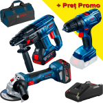 BOSCH  Kit 3 scule 18V, GBH 180-LI Ciocan rotopercutor brushless Li-Ion, 2J + GSR 180-LI Masina de gaurit si insurubat Li-Ion, 54Nm + GWS 180-LI Polizor unghiular brushless, Li-Ion, diametru disc 125 + 2 acumulatori Li-Ion, 4Ah + Geanta textil