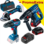 BOSCH GBH 180-LI Ciocan rotopercutor brushless, cu 2 acumulatori Li-Ion 5Ah, 2J + GSR 18V-50 + GWS 180-LI Masina de gaurit Li-Ion, 50Nm + Polizor unghiular brushless, Li-Ion, diametru disc 125 + Geanta textil