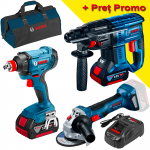 BOSCH KIT 3 scule 18V (GBH 180-LI/GDX 180-LI/GWS 180-LI) cu 2 acumulatori Li-Ion, 5 Ah + Geanta textil mediu