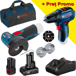 BOSCH Kit 2 scule 12V GWS 12V-76 Polizor unghiular brushless + GSR 12V-30 Masina de gaurit si insurubat brushless, 30Nm + 2 acumulatori Li-Ion, 12V, unul de 2Ah si unul de 4Ah + Incarcator + Geanta textil mediu