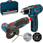 BOSCH  KIT 2 scule 12 V cu 2 acumulatori Li-Ion, 2 Ah + Geanta (GWS/GSR)