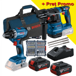 BOSCH  SET COMBI GSR 18V-45 + GBH 18V-22 + set de 45 de capete de şurubelniţă + set de 3 burghie pentru ciocan rotopercutor SDS plus-5 + 2 x GBA 18V 4.0Ah + GAL 18V-40 toate în cutie