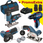 BOSCH  KIT 4 scule 12V (GST 12V-70/GKS 12V-26/GSR 12V-30/GWS 12V-76) cu 2 acumulatori Li-Ion, 2Ah + Incarcator rapid de 4Ah GAL12V-40 + Geanta textil