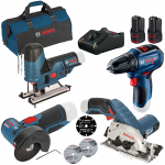 BOSCH  KIT 4 scule 12V (GST 12V-70/GKS 12V-26/GSR 12V-30/GWS 12V-76) cu 2 acumulatori Li-Ion, 2Ah + Incarcator rapid de 4Ah GAL12V-40 + Geanta textil