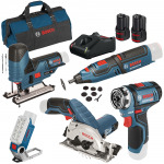 BOSCH  KIT 5 scule 12V (GRO 12V-35/GLI 12V-330/GST 12V-70/GKS 12V-26/GSR 12V-15 FC) cu 2 acumulatori Li-Ion, 2Ah + Incarcator rapid de 4Ah GAL12V-40 + Geanta textil