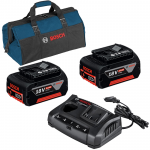 BOSCH GBA18V + GAX 18V-3 Set 2 acumulatori Li-Ion, 18V, 5Ah + Incarcator dublu de 3Ah, 12V-18V + port USB + Geanta textil mediu