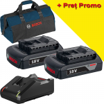 BOSCH GBA18V + GAL18V-40 Set 2 acumulatori Li-Ion, 18V, 2Ah + Incarcator 4Ah + Geanta textil mediu