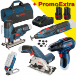 BOSCH  KIT 5 scule 12V (GRO 12V-35/GLI 12V-330/GST 12V-70/GKS 12V-26/GSR 12V-30) cu 2 acumulatori Li-Ion, 3Ah + Incarcator rapid de 4Ah GAL12V-40 + Geanta textil