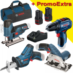 BOSCH  KIT 4 scule 12V (GST 12V-70/GKS 12V-26/GSR 12V-30/GSA 12V-14) cu 2 acumulatori Li-Ion, 2Ah + Incarcator rapid de 4Ah GAL12V-40 + Geanta textil