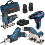 BOSCH  KIT 4 scule 12V (GST 12V-70/GKS 12V-26/GSR 12V-30/GSA 12V-14) cu 2 acumulatori Li-Ion, 3Ah + Incarcator rapid de 4Ah GAL12V-40 + Geanta textil