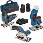 BOSCH  KIT 3 scule 12V (GST 12V-70/GKS 12V-26/GKF 12V-8) cu 2 acumulatori Li-Ion, 2Ah + Incarcator rapid de 4Ah GAL12V-40 + Geanta textil