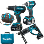 MAKITA DDF482RFEX1 Masina de gaurit si insurubat cu 3 acumulatori Li-Ion, 18V, 3Ah, 62Nm + DTD154Z Masina de insurubat cu impact brushless Li-Ion 18V, 175Nm + DHR202Z Ciocan rotopercutor Li-Ion, 18V, 1.9J + Geanta textil 