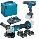 MAKITA DDF482Z + DGA504Z  Masina de gaurit si insurubat Li-Ion, 18V, 62Nm + Polizor unghiular brushless, Li-Ion, 18V + 198830-2 Kit acumulatori 18 V, 3 Ah (MAKPAC + BL1830Bx4 + DC18RD)