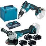 MAKITA DFS250Z + DGA504Z Masina de insurubat brushless, Li-Ion, 18V + Polizor unghiular brushless, Li-Ion, 18V + 198830-2 Kit acumulatori 18 V, 3 Ah (MAKPAC + BL1830Bx4 + DC18RD)