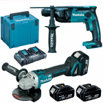 MAKITA DHR165Z + DGA504Z  Ciocan rotopercutor Li-Ion, 18V, 1.3J + Polizor unghiular brushless, Li-Ion, 18V + 198844-1 Kit acumulatori 18 V, 5 Ah (MAKPAC + BL1850Bx3 + DC18RD)