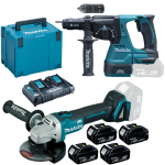 MAKITA DHR243Z + DGA504Z Ciocan rotopercutor brushless, Li-Ion, 18V,  2J + Polizor unghiular brushless, Li-Ion, 18V + 198830-2 Kit acumulatori 18 V, 3 Ah (MAKPAC + BL1830Bx4 + DC18RD)