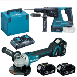 MAKITA DHR243Z + DGA504Z Ciocan rotopercutor brushless, Li-Ion, 18V,  2J + Polizor unghiular brushless, Li-Ion, 18V + 198844-1 Kit acumulatori 18 V, 5 Ah (MAKPAC + BL1850Bx3 + DC18RD)