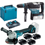 MAKITA DHR400ZKU + DGA504Z Ciocan rotopercutor SDS MAX, cu bluetooth, brushless, 2x18V, Li-Ion, 8J + Polizor unghiular brushless, Li-Ion, 18V + 198838-6 Kit acumulatori 18 V, 5 Ah (MAKPAC + BL1850Bx4 + DC18RD)