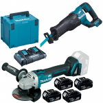 MAKITA DJR187Z + DGA504Z Ferastrau alternativ brushless, Li-Ion, 18V + Polizor unghiular brushless, Li-Ion, 18V + 198830-2 Kit acumulatori 18 V, 3 Ah (MAKPAC + BL1830Bx4 + DC18RD)