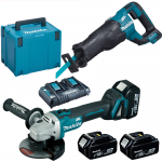 MAKITA DJR187Z + DGA504Z Ferastrau alternativ brushless, Li-Ion, 18V + Polizor unghiular brushless, Li-Ion, 18V + 198844-1 Kit acumulatori 18 V, 5 Ah (MAKPAC + BL1850Bx3 + DC18RD)