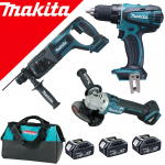 MAKITA DLX3052TX1 KIT 3 SCULE 18 V (DGA504Z + DHR241Z + DDF456Z cu 3 acumulatori Li-Ion, de 5 Ah)