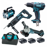 MAKITA DLX3052TX1 KIT 3 SCULE 18 V (DGA504Z + DHR241Z + DDF456Z cu 3 acumulatori Li-Ion, de 5 Ah) + DVP180Z Pompa vacuum 18V, fara acumulator in set (SOLO)