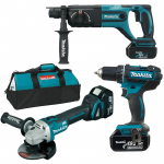 MAKITA DLX3078TX1 Kit 3 scule 18V (DGA504Z + DHR241Z + DDF482Z cu 3 acumulatori Li-Ion, de 5 Ah)