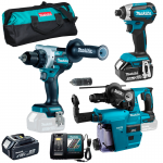 MAKITA DLX3154TX1 Kit 3 scule 18V (DHR243Z + DDF486Z + DTD153Z) cu 2 acumulatori Li-Ion LXT, de 5Ah + Geanta textil + Sistem de extractie a prafului