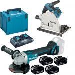 MAKITA DSP600Z + DGA504Z Ferastrau prin plonjare brushless, Li-Ion, 2x18V + Polizor unghiular brushless, Li-Ion, 18V + 198830-2 Kit acumulatori 18 V, 3 Ah (MAKPAC + BL1830Bx4 + DC18RD)